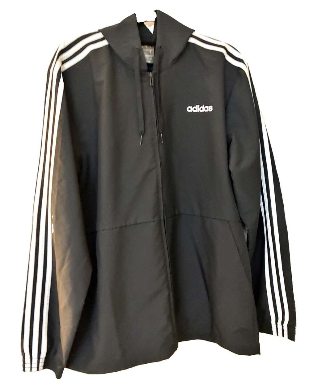 Essentials 3-Stripe Windbreaker Jacket Black Mens L Hooded Mesh Lined DQ3066